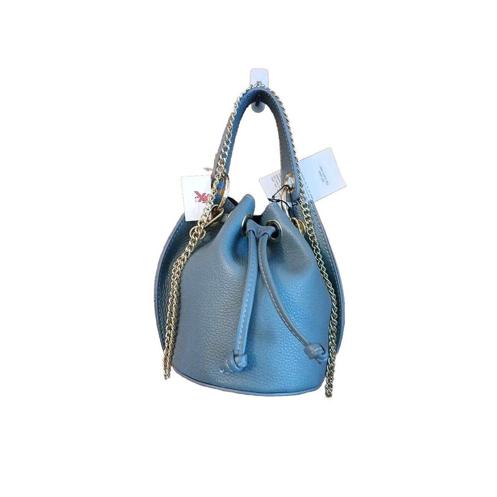 Divina Firenze Made in Italy Leather Crossbody Bucket Purse Handbag Gray Gold